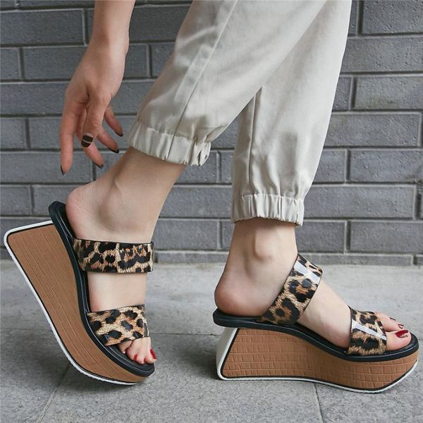 

punk oxfords women leopard genuine leather platform wedges high heel roman gladiator sandals female open toe party flip flops, Black