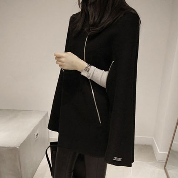 

women's wool & blends 2021 korean brand fashion womens stand collar blend coats ladies loose fit thicken cloak cape coat jacket size s-, Black
