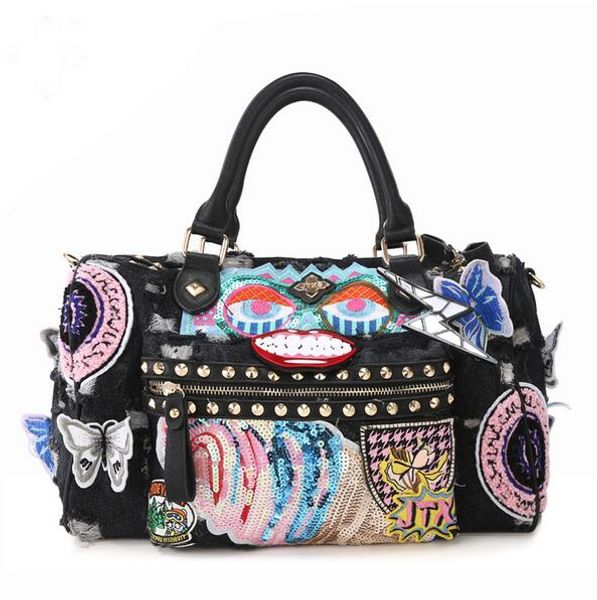 

est brand women's fashion moto bag designer designer contrast studded embroidered denim shoulder bag butterfly eye sequins ing