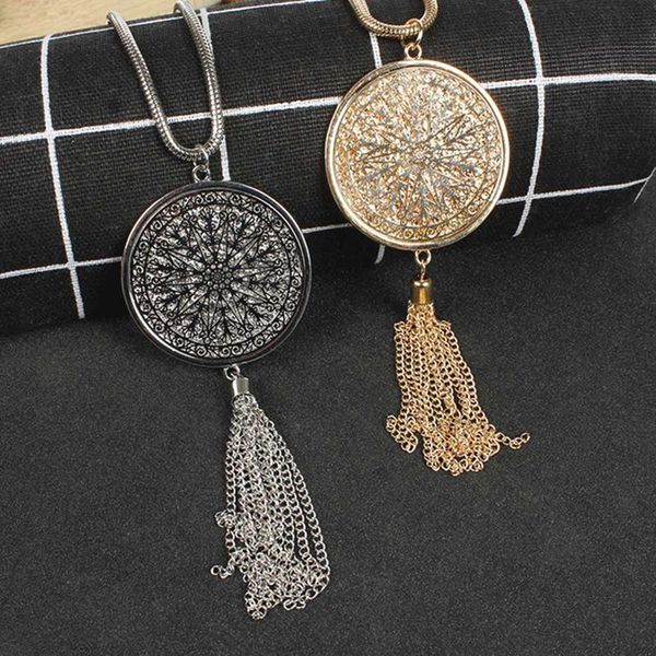 

fashion women necklace hollow disc pendant tassel long stripe necklace statement pendant jewelry bohemian, Silver