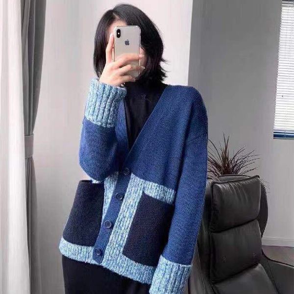 

2020 women knitted sweater coat patchwork color bouble pockets ladies single-breasted cardigan knitwear female long sleeve outw, White