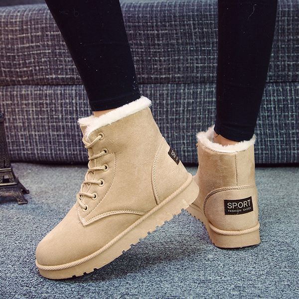 

classic women winter boots ankle snow boots women winter warm flock shoes round toe lace-up flats thick fleece botas femme, Black