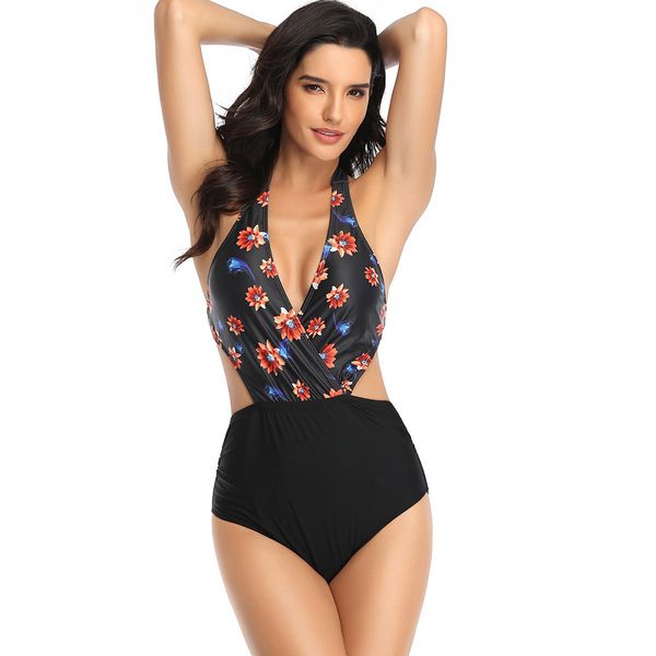 

women one piece swimwear print backless deep v neck swimsuit beach halter monokini bathing suit, White;black