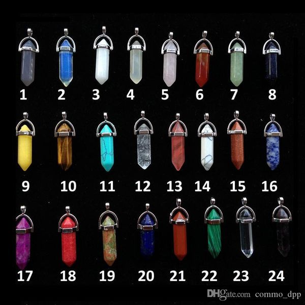 

new natural stone healing hexagonal prism pendant 24 color agate jade bullet crystal gem point chakra charm fit necklace jewelry in bulk, Silver