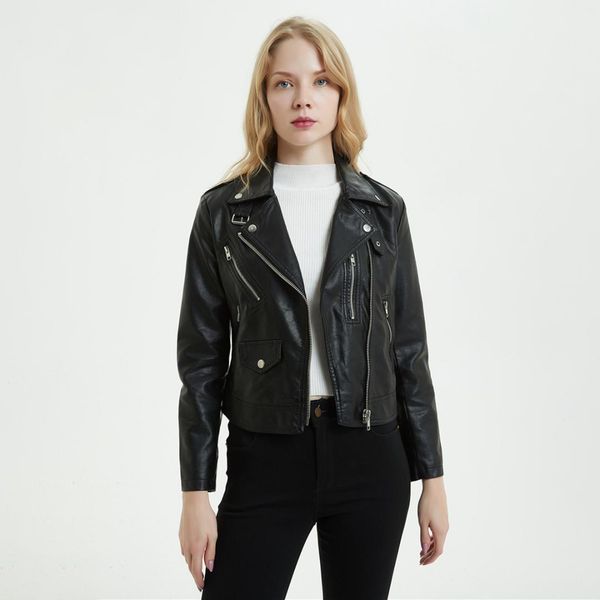 

2019 autumn leather coat women short turn down collar long sleeve rivet epaulet pu biker jacket zippers faux leather streetwear, Black