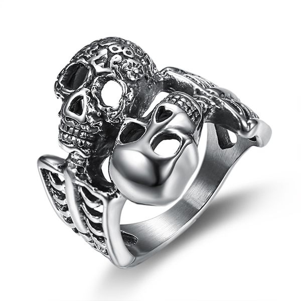 

stainless steel skull men ring double head evil ghost punk rock unique design finger ring for men fashion jewelry, Silver