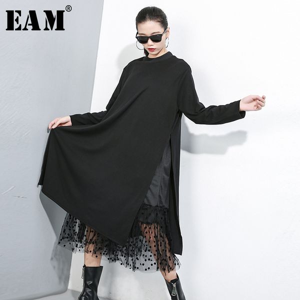 

eam] женщины black mesh dot split совместное платье новый стенд воротник с длинным рукавом сыпучие fit мода tide весна осень 2019 1b593, Black;gray