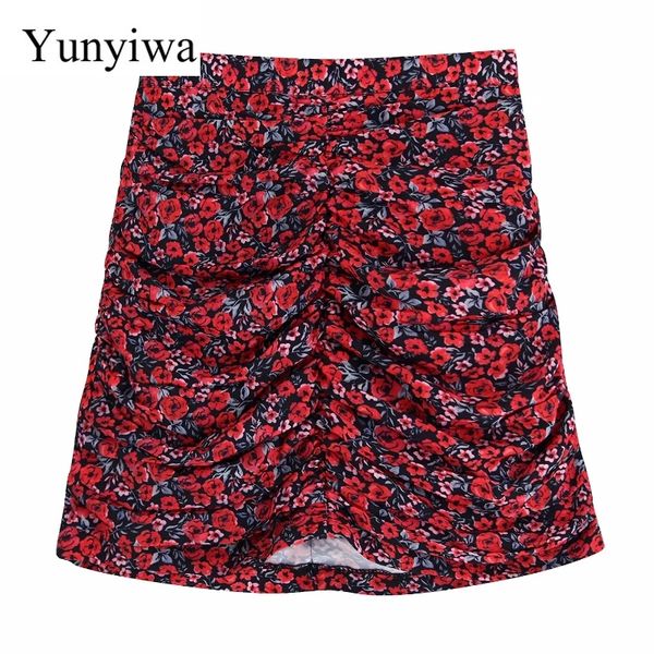 

2020 women high street red floral print pleated casual slim mini skirt faldas mujer ladies side zipper chic brand skirts, Black
