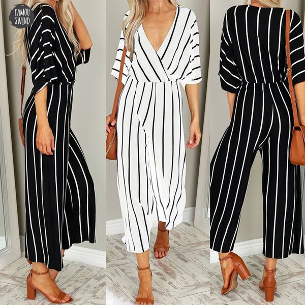 

women bodysuit summer fashion v neck three quarter sleeve striped dropship loose jumpsuit playsuit casual new m7, Black;white