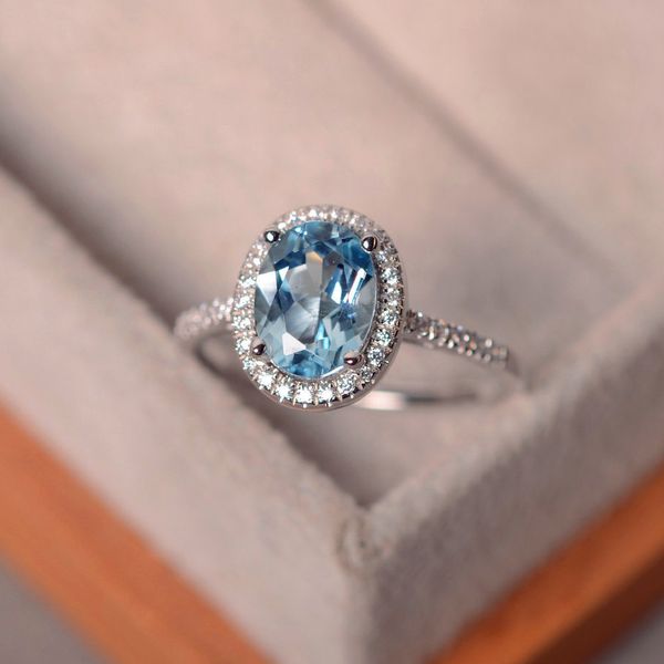 Weiblicher natürlicher Aquamarin-Stein-Ring, 100 % echtes 925er Sterlingsilber, Eheringe für Frauen, Versprechen, ovaler Verlobungsring