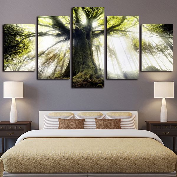 

5 panels green big tree landscape artworks giclee canvas wall art home wall decor abstract poster canvas print oil painting wall decor