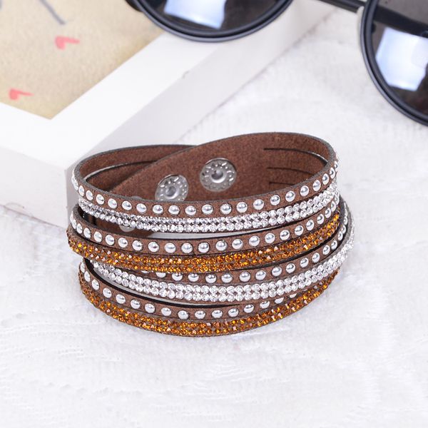 

long rivet leather bracelet rhinestone crystal bracelet wraped multilayer bracelets for women feminino pulseras mulher jewelry, Golden;silver