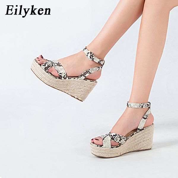 

eilyken 2020 summer pu leather ankle buckle strap wedges heel sandals women platform serpentine open toe cozy beach shoes, Black