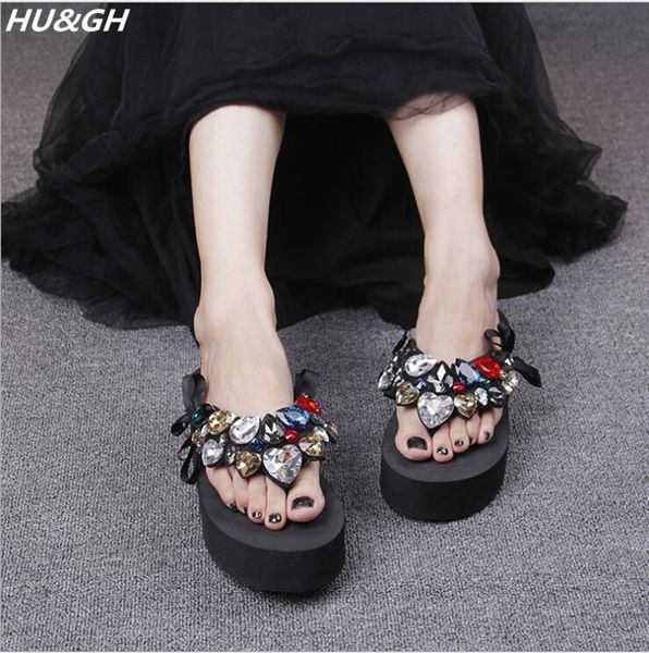 

luxury colorful crystal flip flops new summer women thick bottom wedges slippers fashion shiny vacation slippers big yards 35-42, Black