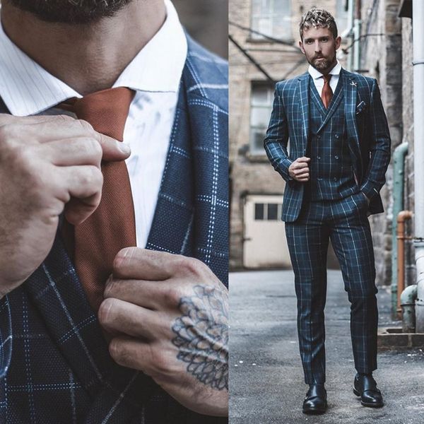 

three piece damier check mens suit new fashion groom suit wedding suits for men slim fit groom tuxedos for man, Black;gray