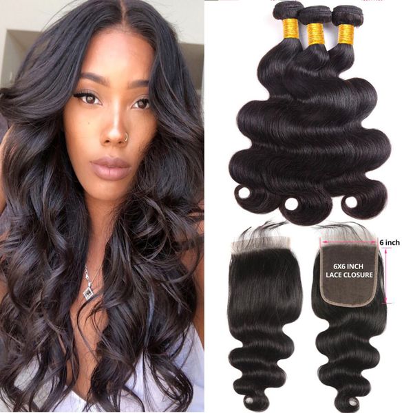 

brazilian virgin hair bundles with 6x6 lace closure natural color body wave 6x6 closures with baby hair with 3 bundles, Black;brown