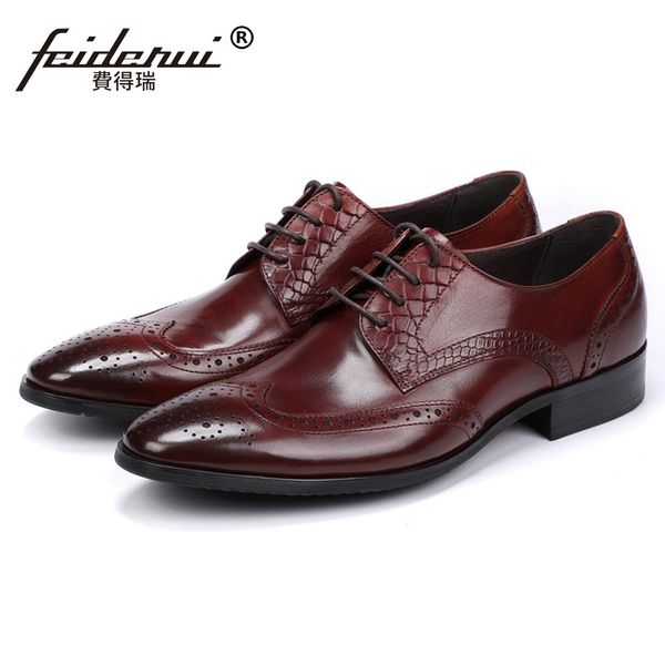 

luxury man formal dress carved shoes genuine leather handmade wedding party oxfords pointed toe wingtip men's footwear js175, Black