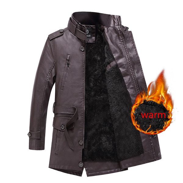 

winter jacket men faux leather trench coat long overcoat thickening warm coats wind breaker windproof waterproof outerwear fashion, Black