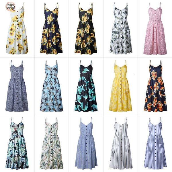 

2019 summer beach dress button decorated print party women sundress boho long dresses plus size designer clothes, Black;gray