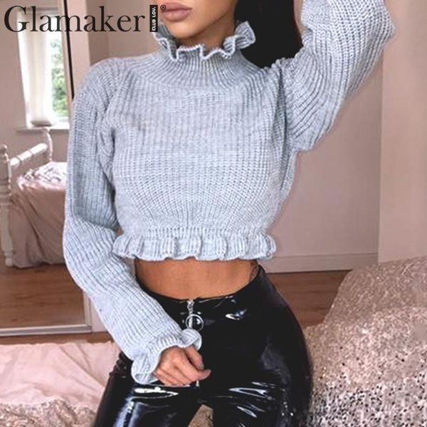 

glamaker ruffle turtleneck jumper knitted sweater women winter 2019 yellow lady sweater christmas pull femme red sweaters female, White;black