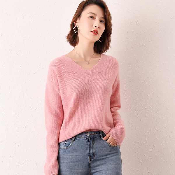 

women's cashmere sweater 2019 new solid color v-neck knitwear casual knitted turtleneck long sleeve 100% wool weather, White;black