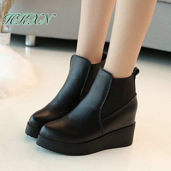 

hkxn 2019 winter boots women snow boots wedge heels winter shoes women warm fur casual shoes slip-on women's botas mujer, Black