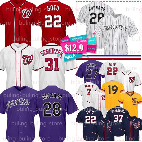 

22 juan soto jerseys 31 max scherzer 7 trea turner 37 stephen strasburg 13 manny machado 19 tony gwynn 28 nolan arenado baseball, Blue;black