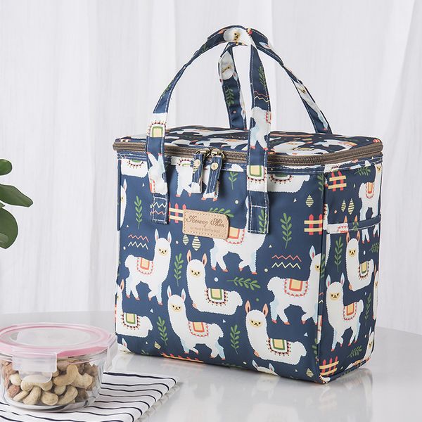 

cartoon animals alpaca bear creative heat preservation tote printed canvas fashion waterproof portable lunch bag box new, Blue;pink