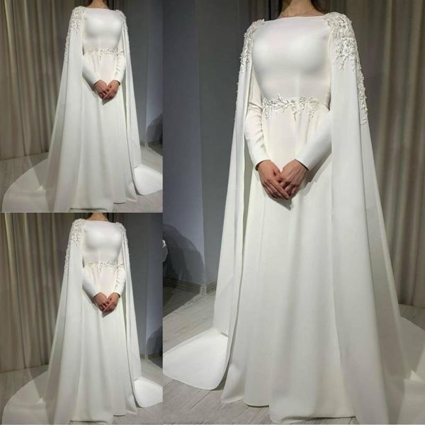 Vestidos de casamento muçulmanos brancos com cabo uma linha mangas compridas noiva vestido laço apliques varredores vestidos de casamento