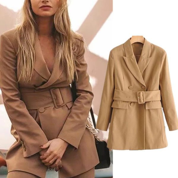 

2019 autumn khaki women elegant long blazers chic notched collar suits jackets with belt girls office blazer, White;black