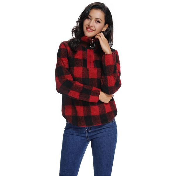 

women autumn winter plaid fleece sweatshirt casual zipper pullover warm fluffy women bluza damska ed, Black