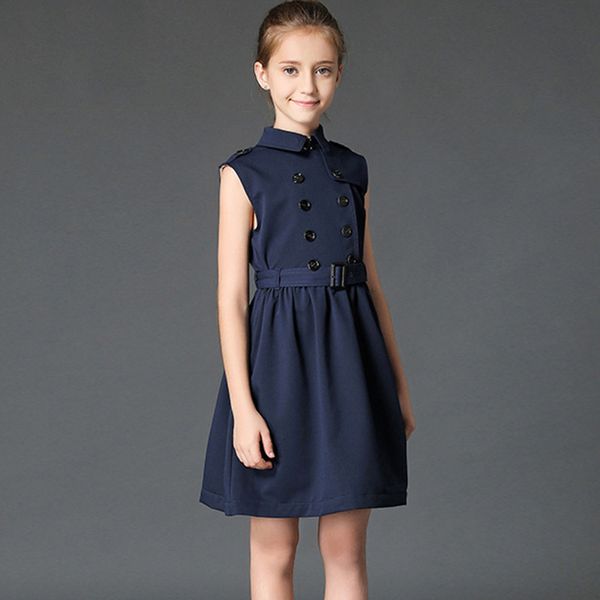 

burbully fashion summer girls dress child khaki slim with waistband england style a line kenn length clothing high quality, Red;yellow