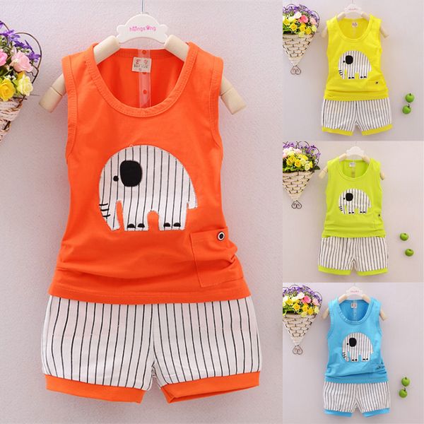 

kids clothes 4 colors girl cartoon elephant sleeveless t-shirt + stripe shorts 2pcs set children clothing kids designer clothes girls jy306, White