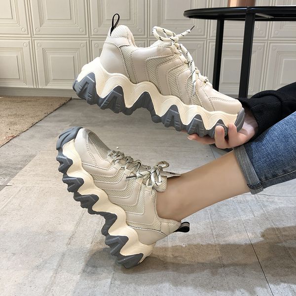 

women platform chunky sneakers 5cm high lace-up old dad casual vulcanize shoes luxury designer tenis female fashion sneaker 2020 y200424, Black