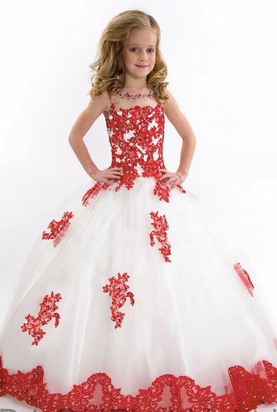 

2020 white ball gown princess little girls pageant dresses jewel neckline sheer zipper appliques lace flower girls dress, White;red