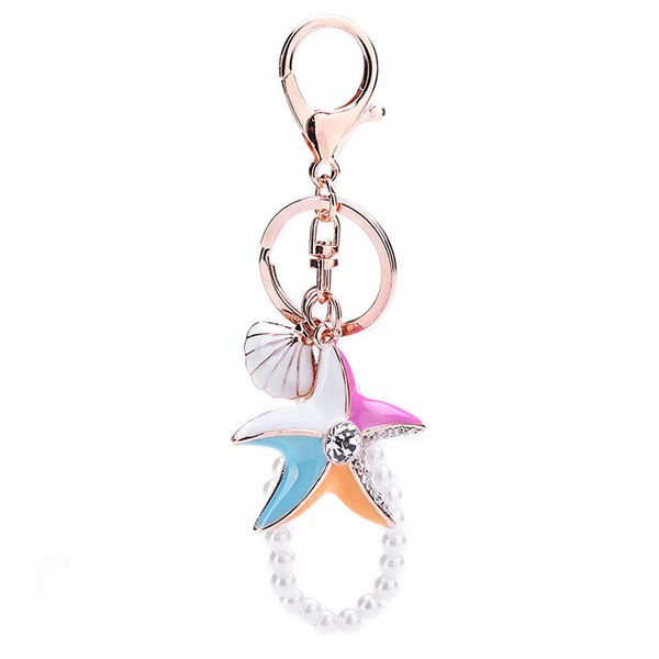 

lovely starfish shell keychain pearl crystal star key ring summer sea star car key chains bag pendants girls cute creative gifts, Silver