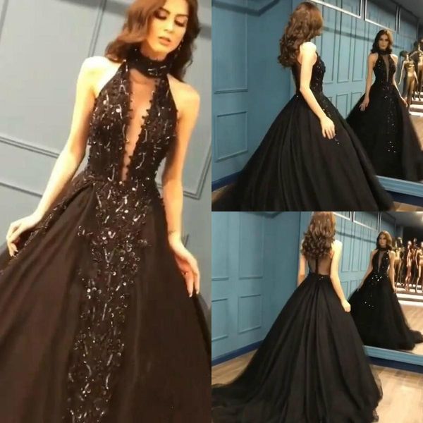 

Modest Sleeveless High Neck Black Prom Dresses 2019 Elegant Ball Gown Beading Sequined Evening Dress Zipper Back Red Carpet Party Gowns