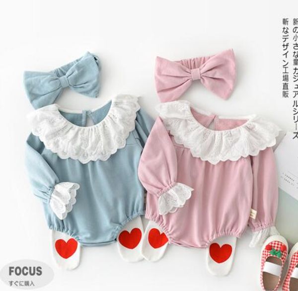 

baby kids clothing romper 100% cotton spring lace pet pan collar solid color design long sleeve romper +hat clothing, Blue