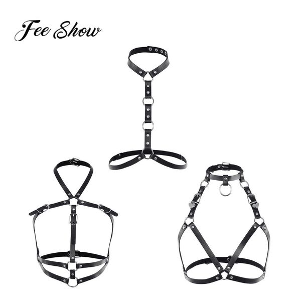 

lady women bondage harness shoulder body chest straps lingerie muscle faux leather adjustable harness belt straps costume, Black