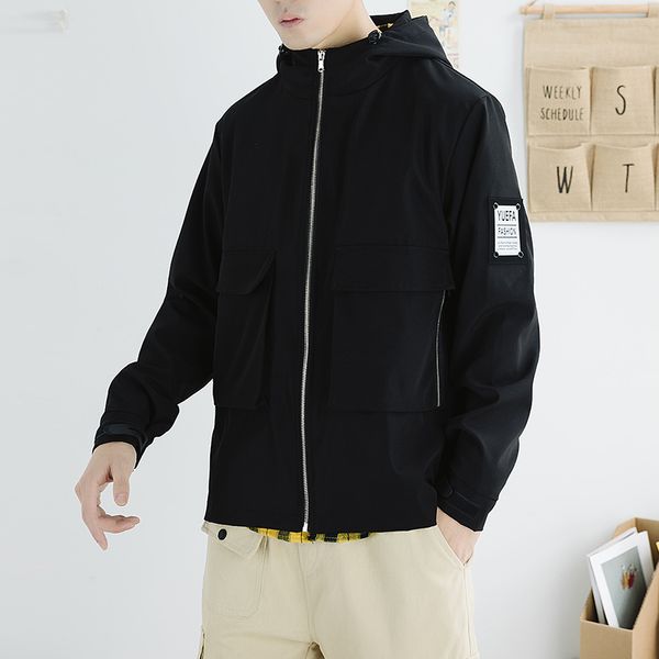 

2019 autumn and winter men's new casual solid color pocket decoration hooded jacket loose temperament trend polyester, Black;brown