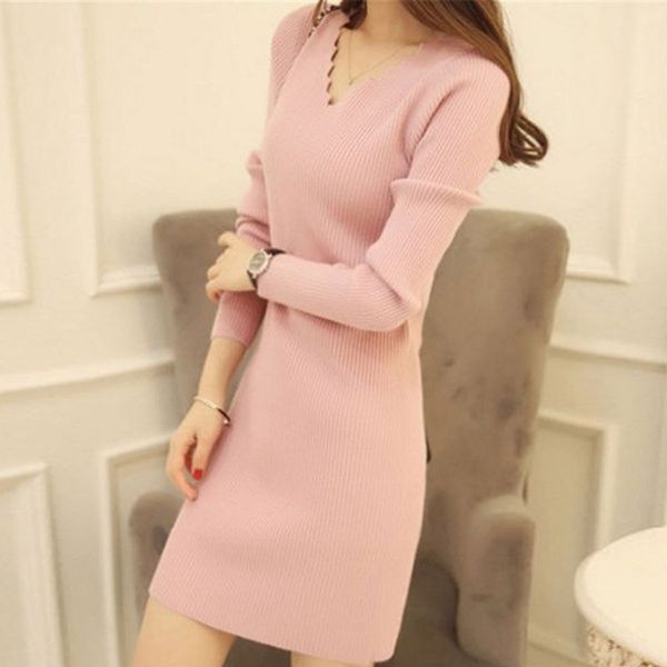 

2018 autumn long sleeve v-neck knitting pencil dresses women bodycon wave cut slim mini dress female solid vestidos, Black;gray