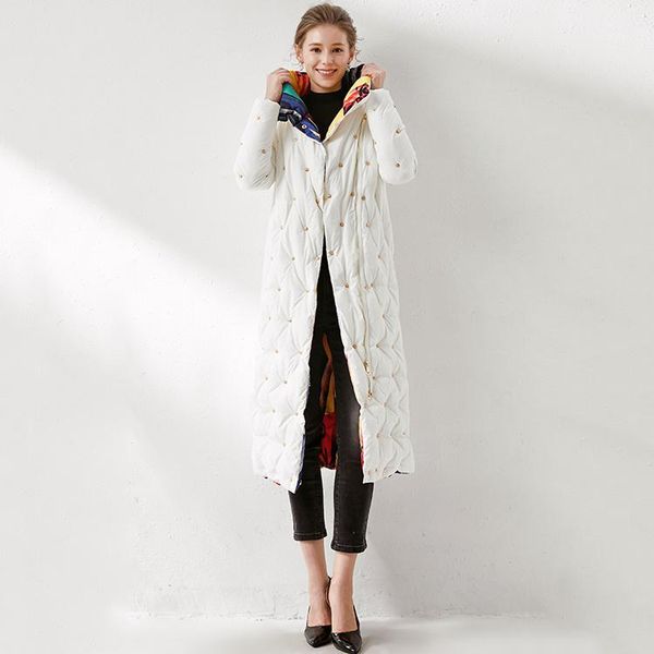 

european and american style winter long down jacket with white riveting collar fashion thin large brand coat coat, Black