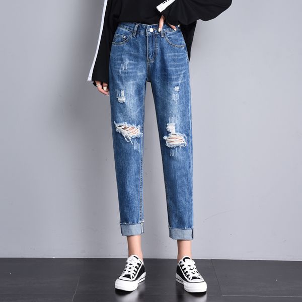 

рваные джинсы для женщин 2020 свободные шаровары мода отверстие бойфренд джинсы дамы повседневная длина лодыжки моет джинсовые брюки, Blue