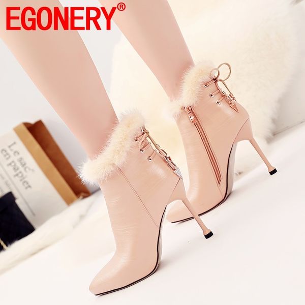 

egonery winter new fashion ankle boots outside warm super high heels pointed toe zip party women shoes drop shipping size 33-40, Black