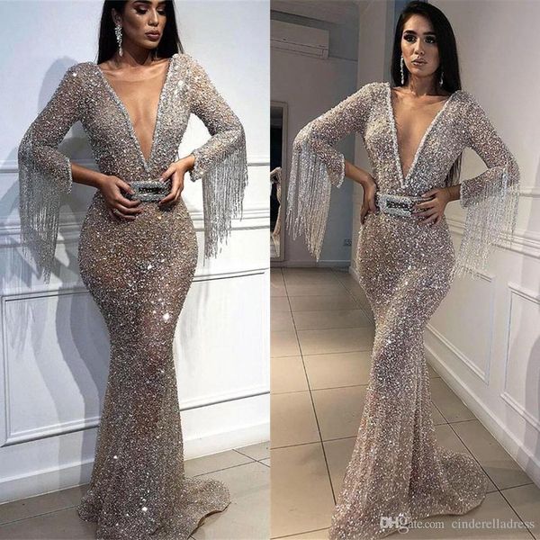 

2020 sparkly tassels peals party prom dresses deep v neck open back evening gown formal pageant dress bc0627, Black