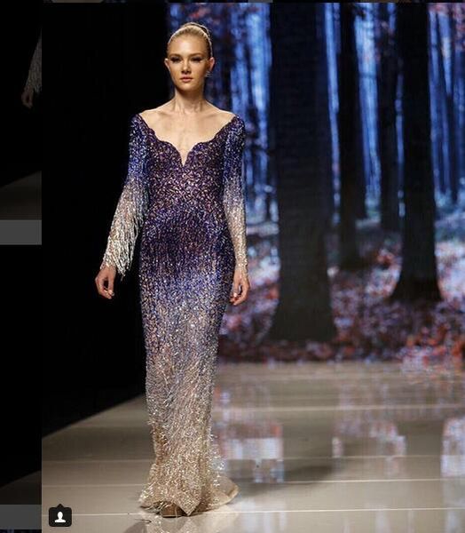 Vestido de noite Ziadnakad manga Longa Com Decote Em V Roxo Borla Bainha De Cristal Zuhair murad 2018 Yousef aljasm Kim kardashian Kylie Jenner 030