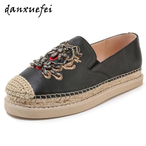 

women's genuine leather embroidered crystal leisure soft comfortable loafers casual moccasins shoes for women sale, Black