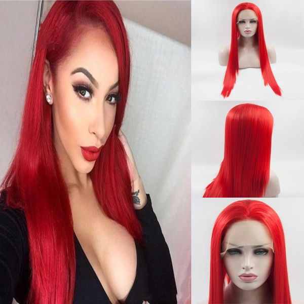 

paff red 13x4 synthetic lace front wig mesh silk long straight hair heat-resistant fiber suitable for black women to party wigs