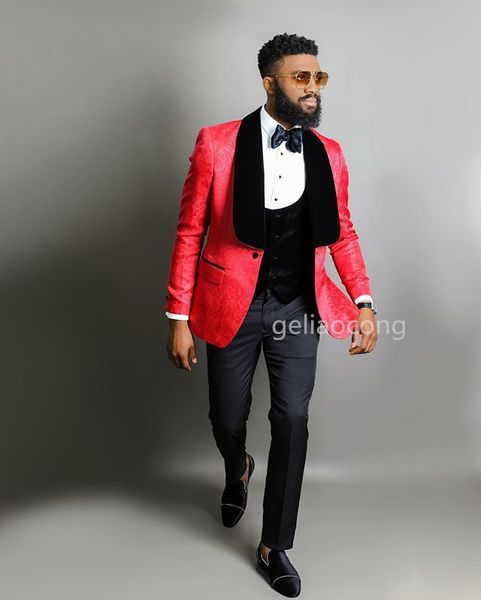 

красный / черный жаккардовый groom tuxedos 3 шт тонкий мужская fit свадьба пром blazer случайный человек tailor made костюмы куртка + pant, White;black