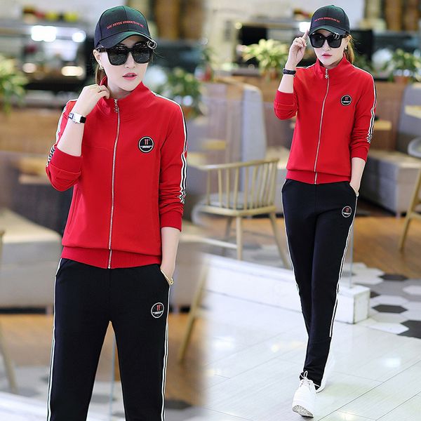 

women sporting suit sportswear stripe printed zip up jacket sweatshirt+sweatpants leisure jogger running outfit set tracksuit, Black;blue